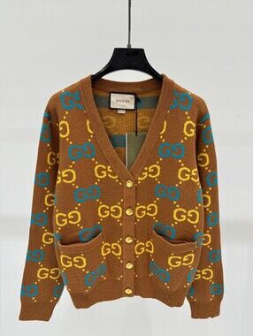 Gucci Brown Cardigan with Yellow and Blue GG Pattern